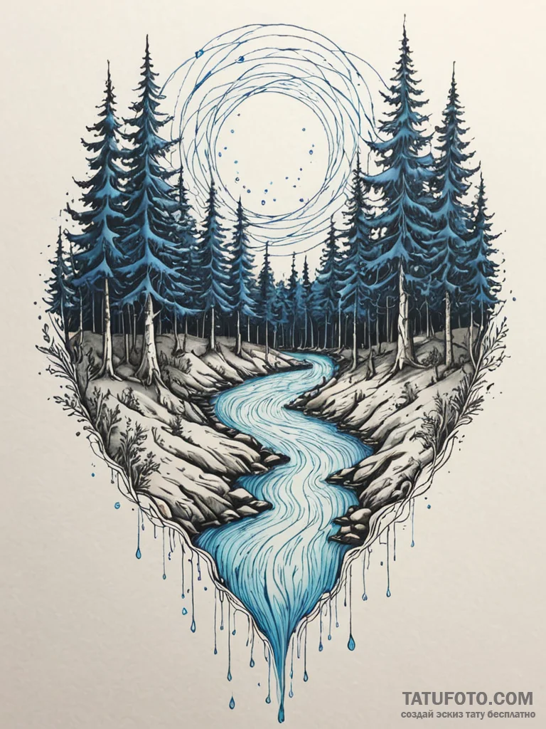 Tattoo sketch, forest spirit's data stream, a... - эскиз тату (№1752363814_0, 12.07.2025 23:43) — Tatufoto.com