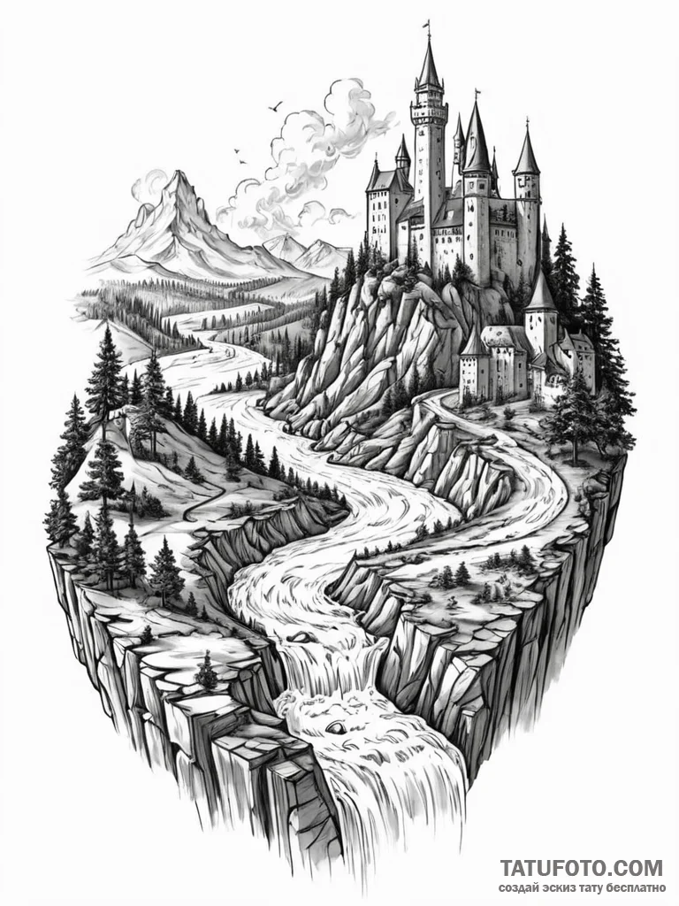 Tattoo sketch, flowing river of time, a power... - эскиз тату (№1752363983_0, 12.07.2025 23:46) — Tatufoto.com