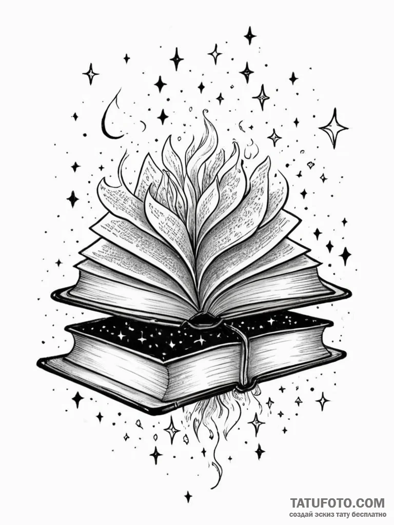 Tattoo sketch, floating library books, a clus… — эскиз тату (№1752364406_0, 12.07.2025 23:53) — Tatufoto.com