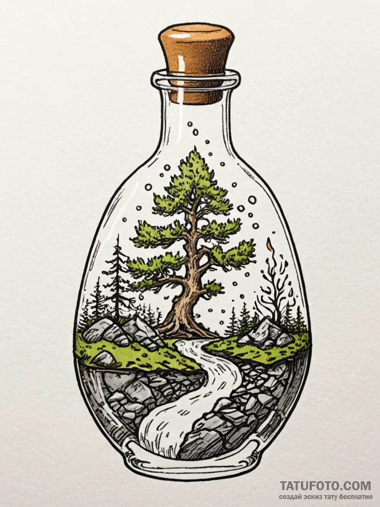 Tattoo sketch, four elements in a flask, a si... - эскиз тату (№1752364745_0, 12.07.2025 23:59) — Tatufoto.com