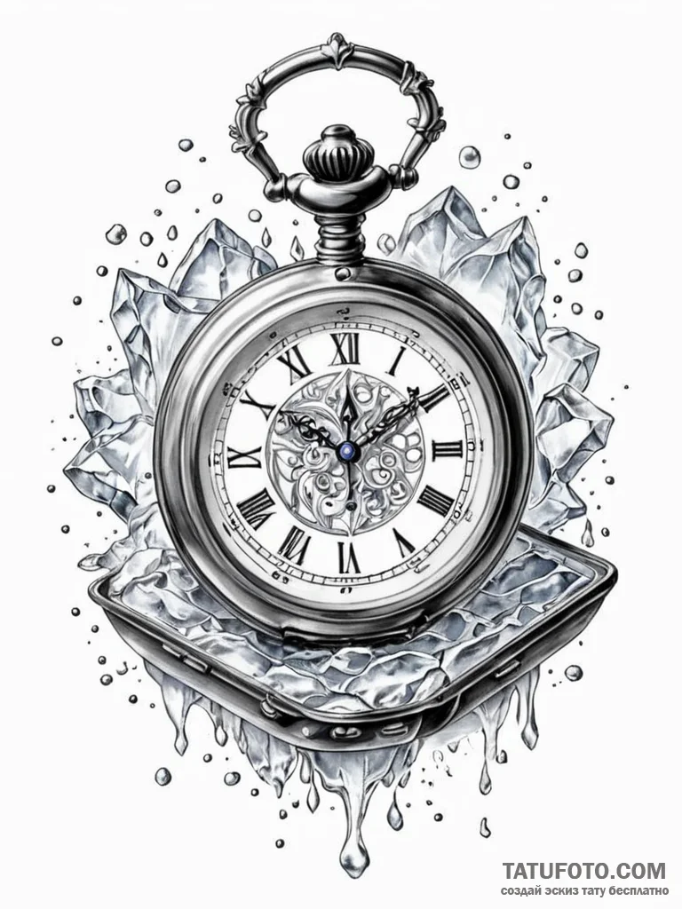 Tattoo sketch, frozen timepiece, a detailed a... - эскиз тату (№1752365084_0, 13.07.2025 00:04) — Tatufoto.com