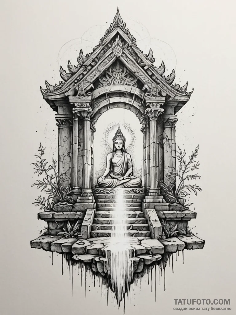 Tattoo sketch, forgotten temple, holographic… — эскиз тату (№1752365338_0, 13.07.2025 00:08) — Tatufoto.com