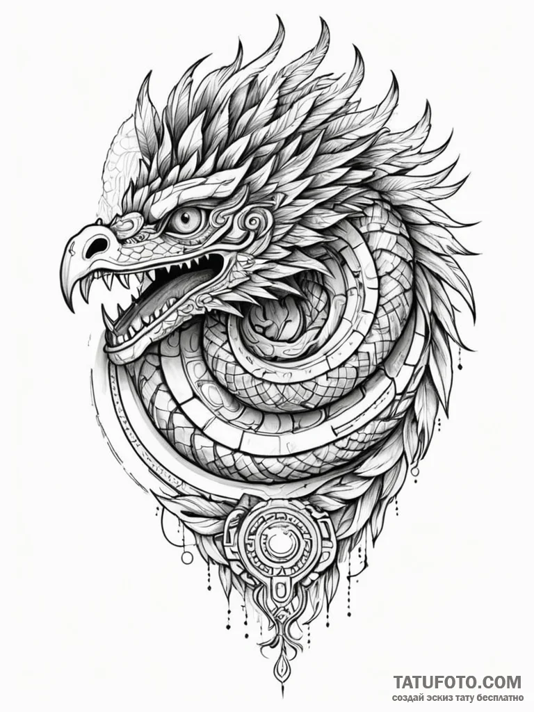 Tattoo sketch, feathered serpent, circuit sca… — эскиз тату (№1752365422_0, 13.07.2025 00:10) — Tatufoto.com