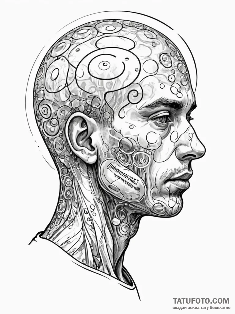 Tattoo sketch, filter bubble head, a stylized... - эскиз тату (№1752365507_0, 13.07.2025 00:11) — Tatufoto.com