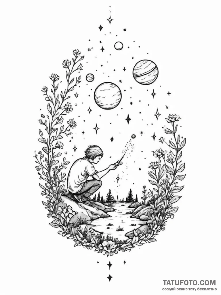 Tattoo sketch, galactic gardener, a serene fi... - эскиз тату (№1752365676_0, 13.07.2025 00:14) — Tatufoto.com