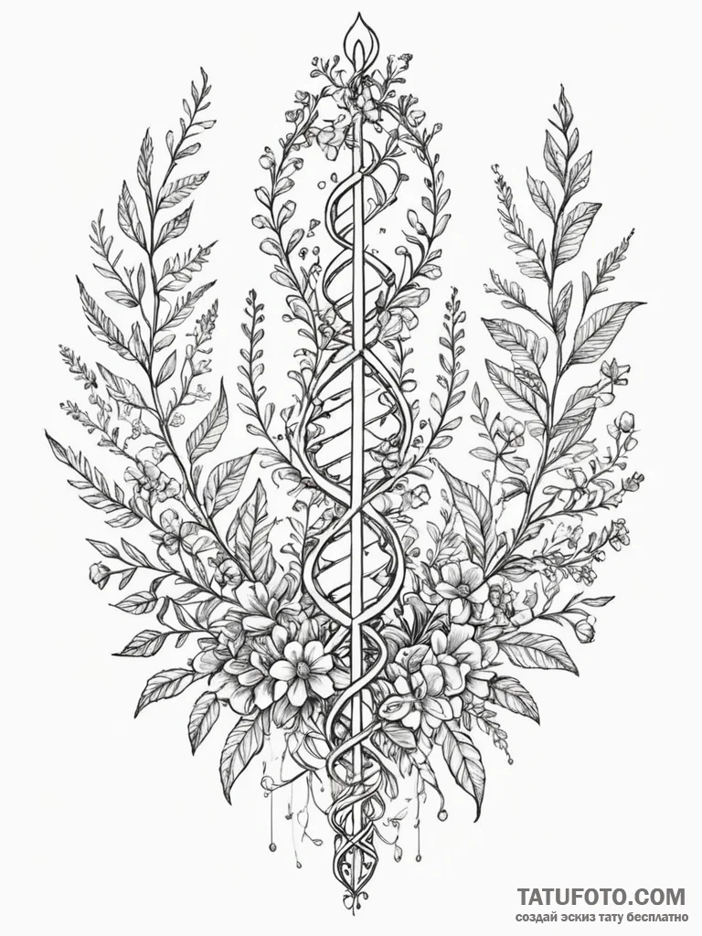Tattoo sketch, genetic garden of eden, a lush... - эскиз тату (№1752366098_0, 13.07.2025 00:21) — Tatufoto.com