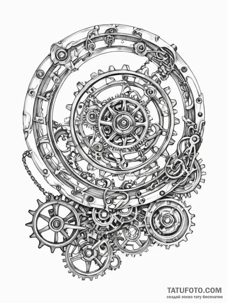 Tattoo sketch, gear-driven galaxy, a swirling... - эскиз тату (№1752366351_0, 13.07.2025 00:25) — Tatufoto.com