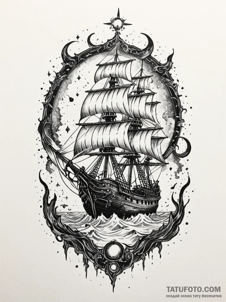 Tattoo sketch, glimmering ghost ship, a spect... - эскиз тату (№1752366518_0, 13.07.2025 00:28) — Tatufoto.com