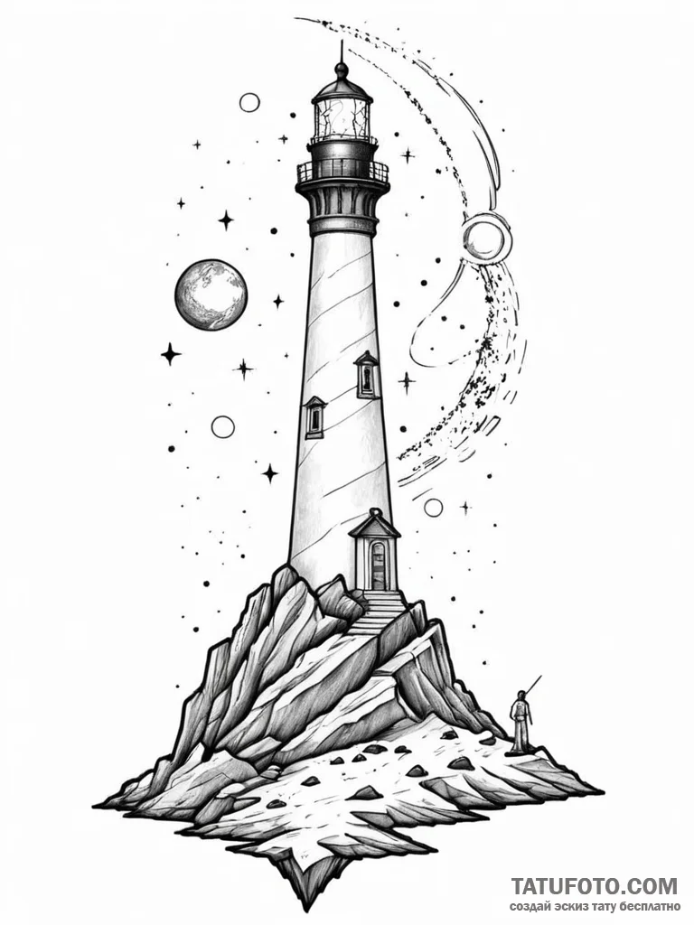 Tattoo sketch, galactic lighthouse keeper, a... - эскиз тату (№1752366687_0, 13.07.2025 00:31) — Tatufoto.com