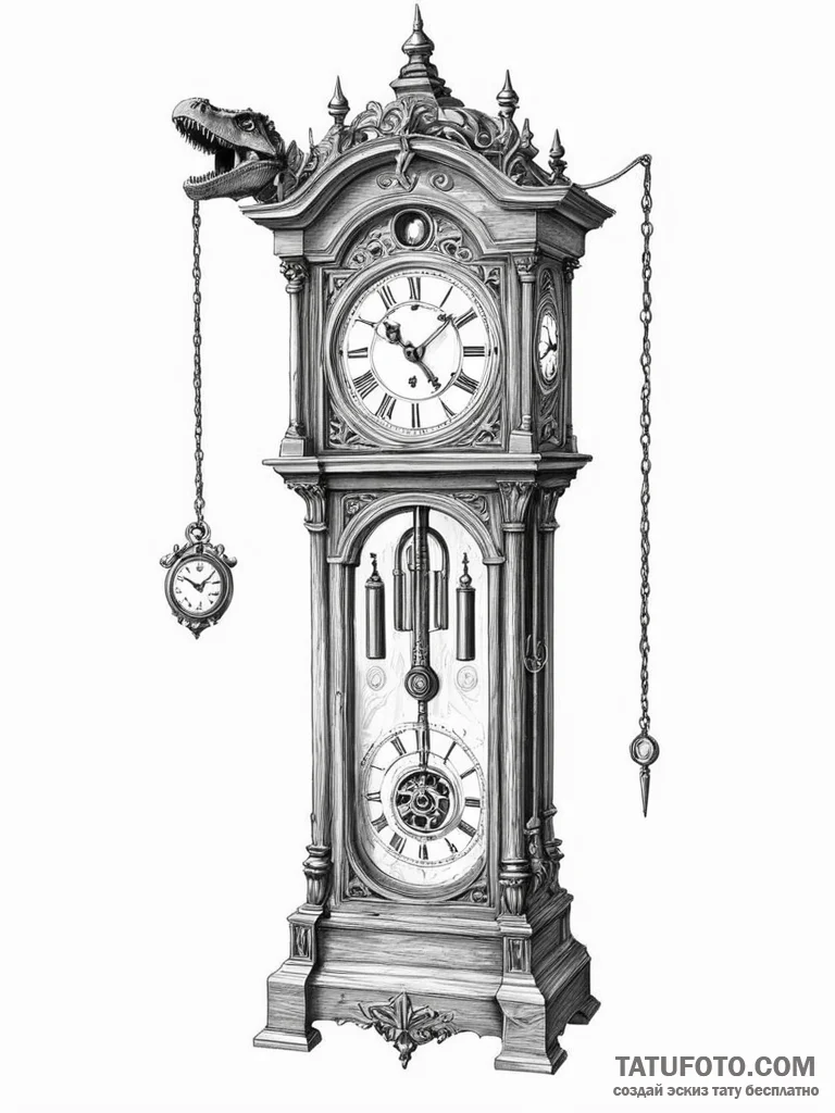 Tattoo sketch, grandfather clock of eras, an... - эскиз тату (№1752367528_0, 13.07.2025 00:45) — Tatufoto.com