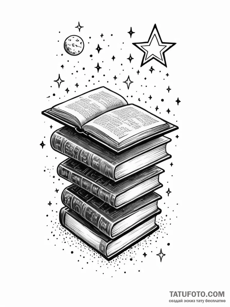 Tattoo sketch, gravity-defying bookshelf, a b… — эскиз тату (№1752367949_0, 13.07.2025 00:52) — Tatufoto.com