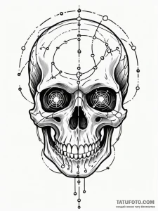 Tattoo sketch, grinning skull, data stream ey... - эскиз тату (№1752368114_0, 13.07.2025 00:55) — Tatufoto.com