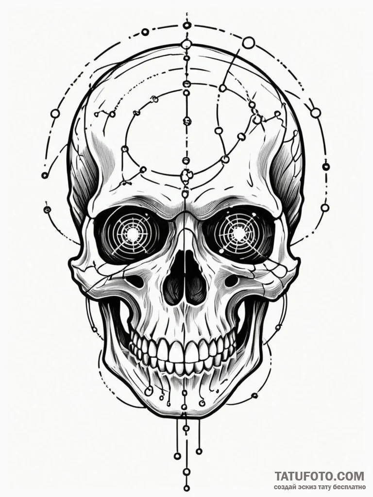 Tattoo sketch, grinning skull, data stream ey… — эскиз тату (№1752368114_0, 13.07.2025 00:55) — Tatufoto.com