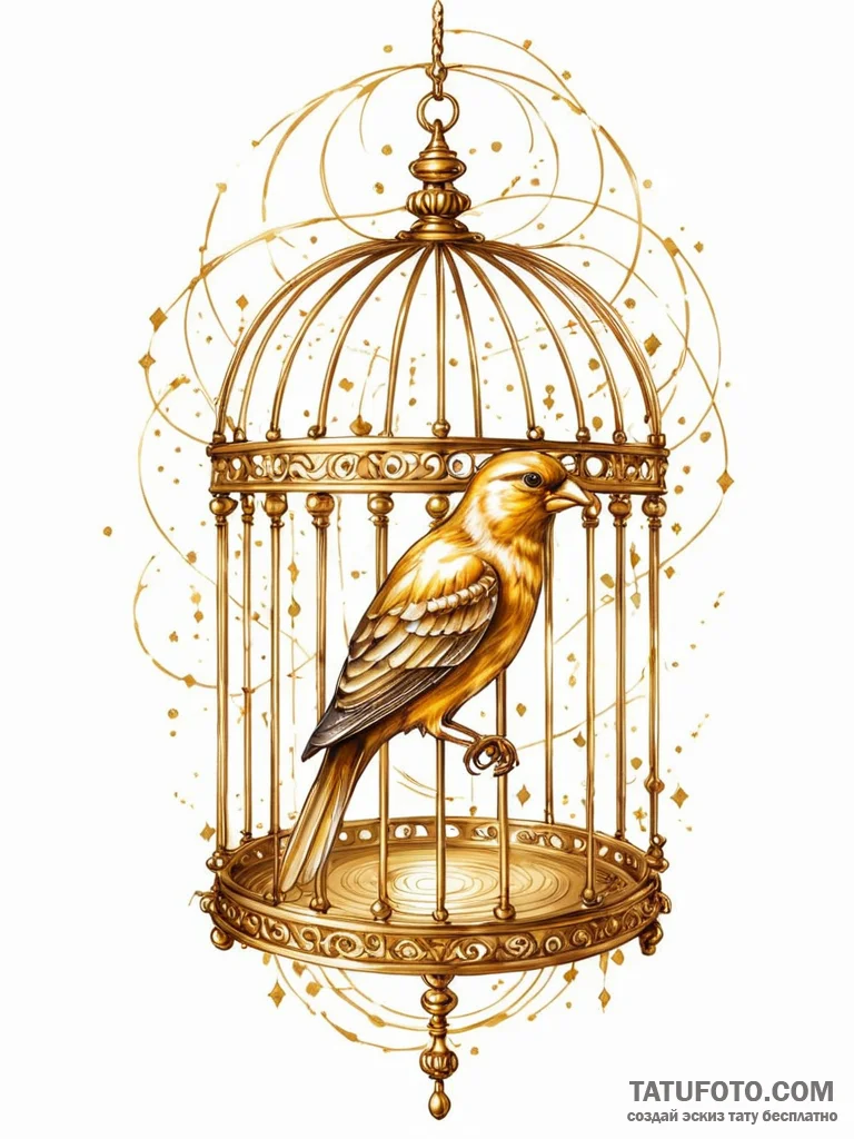 Tattoo sketch, golden cage, digital bird, an... - эскиз тату (№1752369376_0, 13.07.2025 01:16) — Tatufoto.com