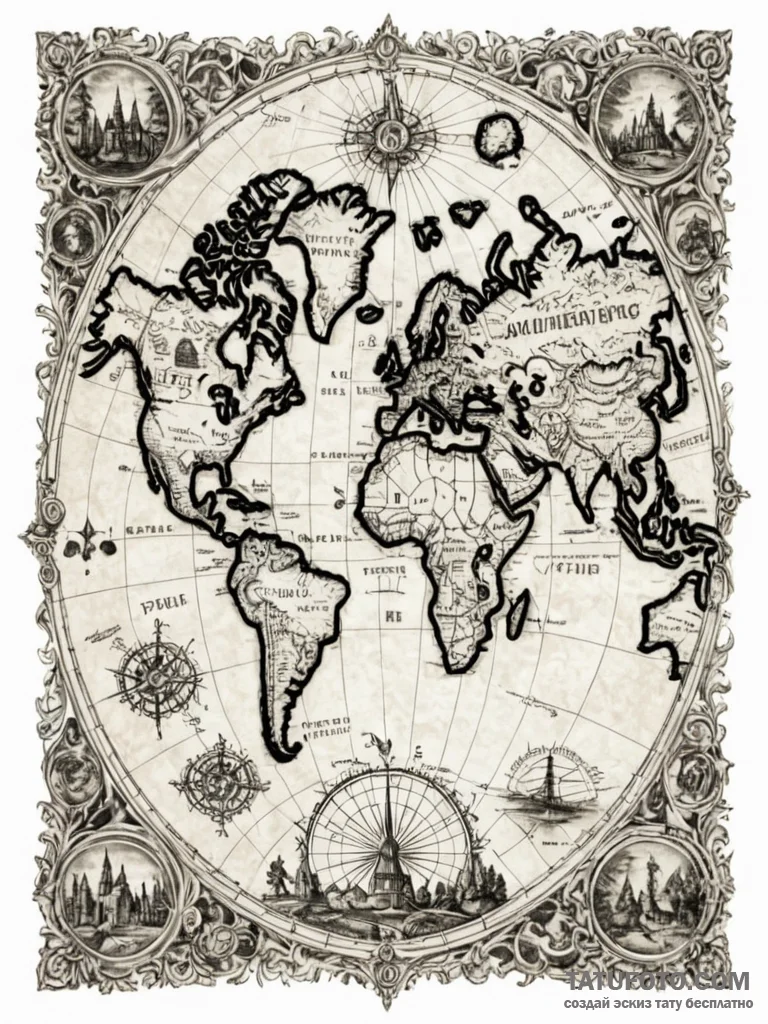 Tattoo sketch, haunted historical map, an ant… — эскиз тату (№1752369981_0, 13.07.2025 01:26) — Tatufoto.com