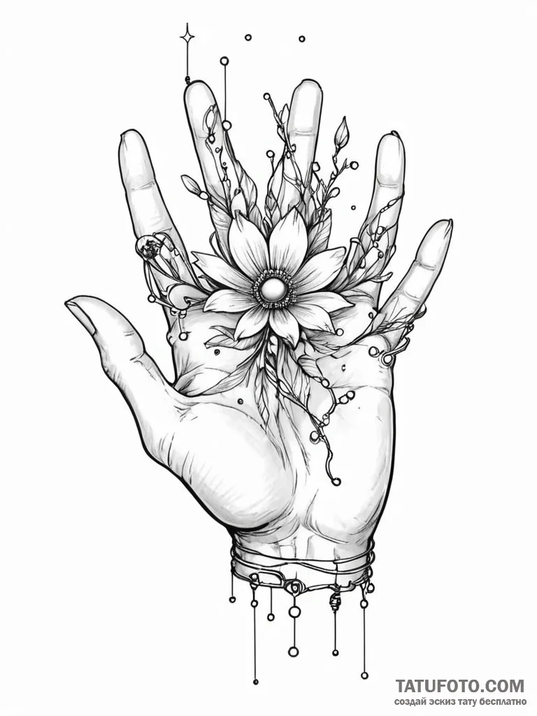 Tattoo sketch, hand of ai creation, a strong,… — эскиз тату (№1752370232_0, 13.07.2025 01:30) — Tatufoto.com