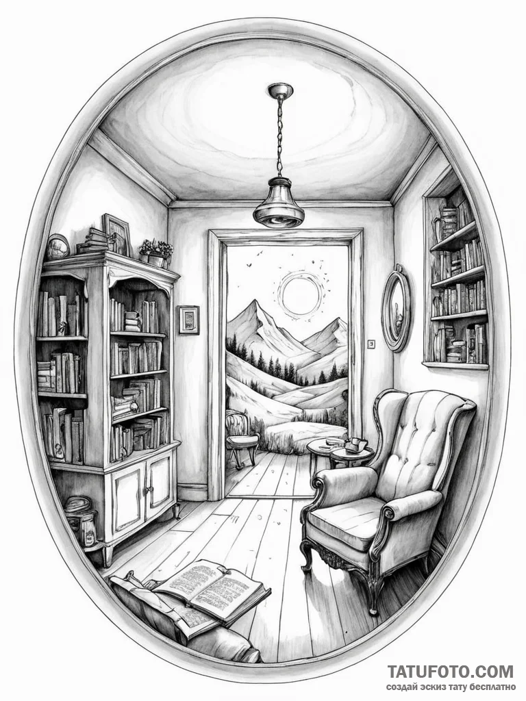 Tattoo sketch, hidden portal in a humble home… — эскиз тату (№1752370400_0, 13.07.2025 01:33) — Tatufoto.com