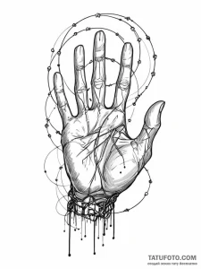 Tattoo sketch, hand of fate, digital threads,... - эскиз тату (№1752370913_0, 13.07.2025 01:41) — Tatufoto.com