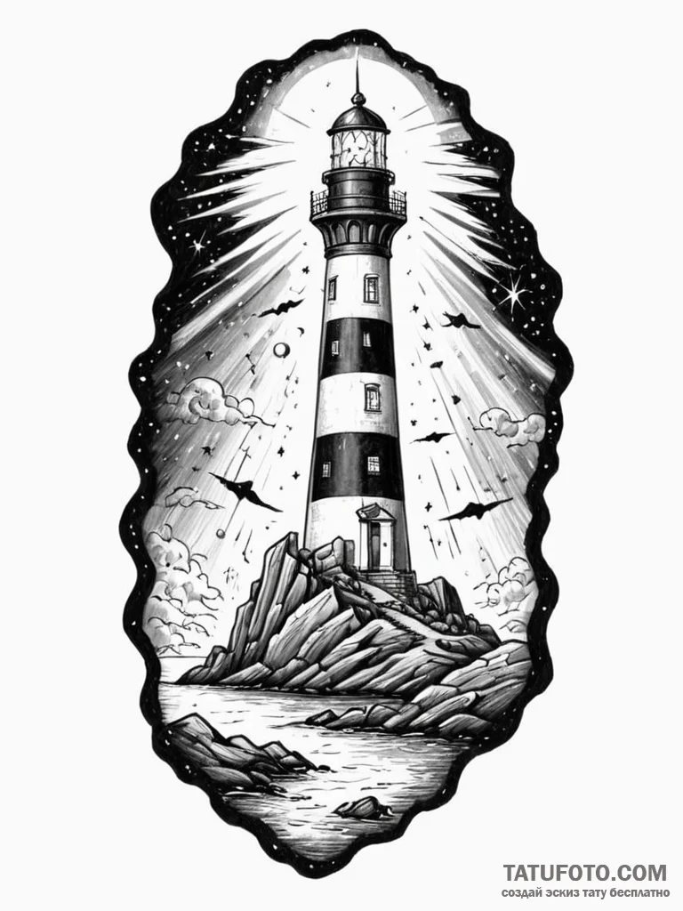 Tattoo sketch, haunted lighthouse, cosmic bea... - эскиз тату (№1752370996_0, 13.07.2025 01:43) — Tatufoto.com