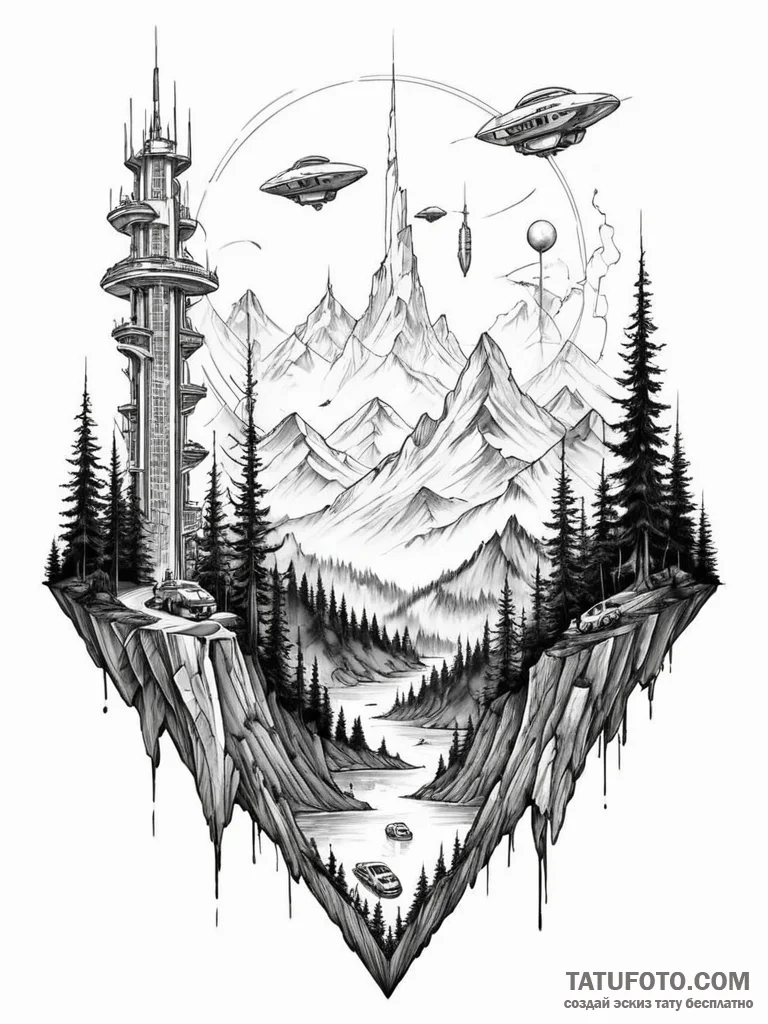 Tattoo sketch, hybrid horizon, a landscape wh… — эскиз тату (№1752371671_0, 13.07.2025 01:54) — Tatufoto.com