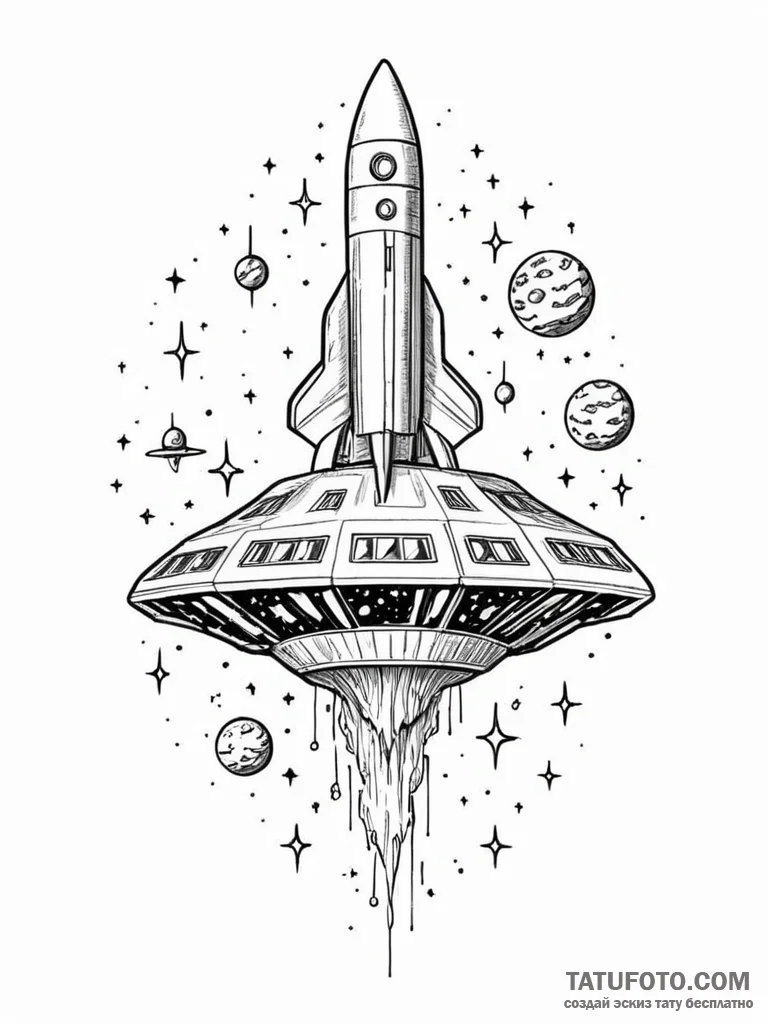 Tattoo sketch, home as a spaceship, a detaile... - эскиз тату (№1752371841_0, 13.07.2025 01:57) — Tatufoto.com