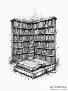 Tattoo sketch, hushed library, digital whispe... - эскиз тату (№1752371925_0, 13.07.2025 01:58) — Tatufoto.com