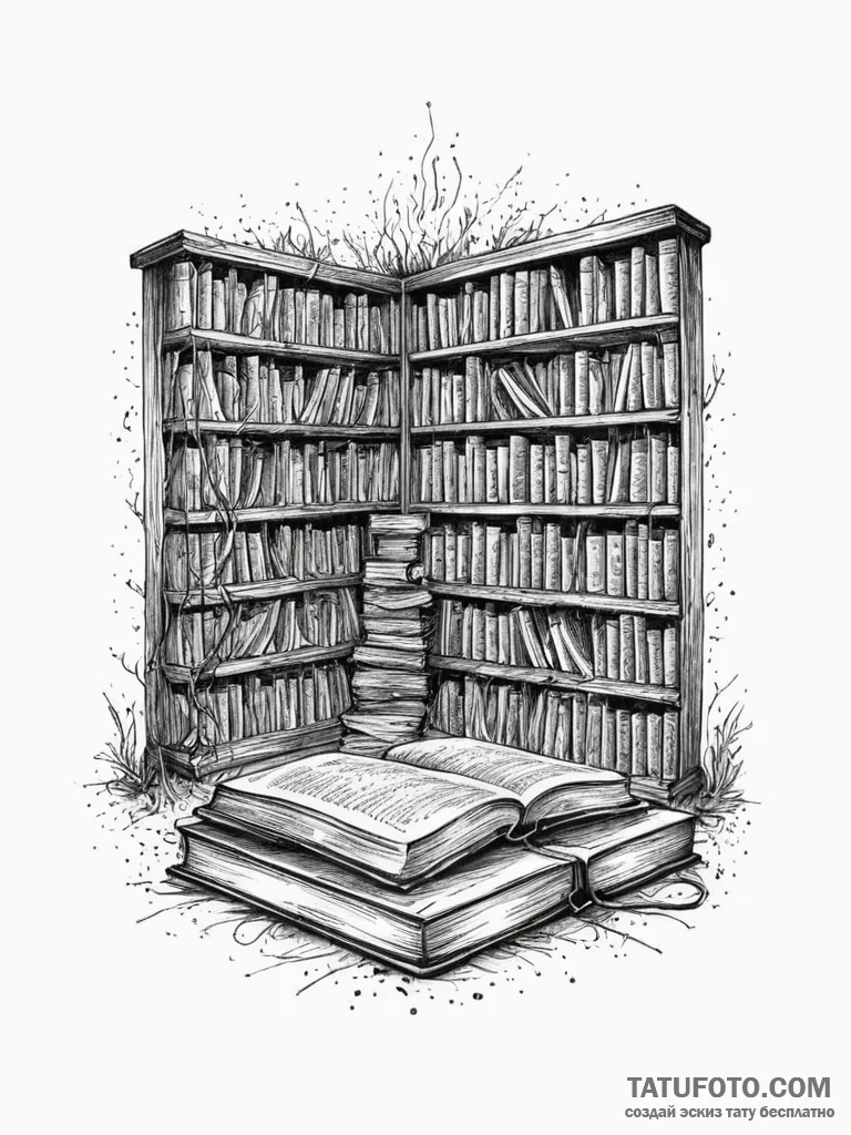 Tattoo sketch, hushed library, digital whispe... - эскиз тату (№1752371925_0, 13.07.2025 01:58) — Tatufoto.com