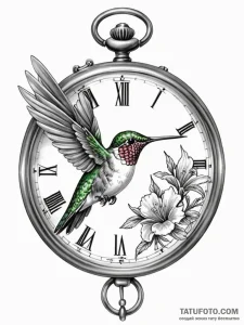Tattoo sketch, hummingbird timekeeper, a tiny... - эскиз тату (№1752372363_0, 13.07.2025 02:06) — Tatufoto.com
