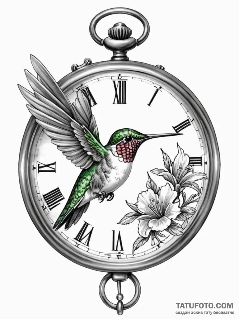 Tattoo sketch, hummingbird timekeeper, a tiny... - эскиз тату (№1752372363_0, 13.07.2025 02:06) — Tatufoto.com