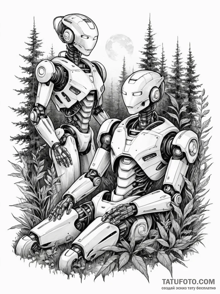 Tattoo sketch, humanoid robot’s dream, a slee… — эскиз тату (№1752372534_0, 13.07.2025 02:08) — Tatufoto.com