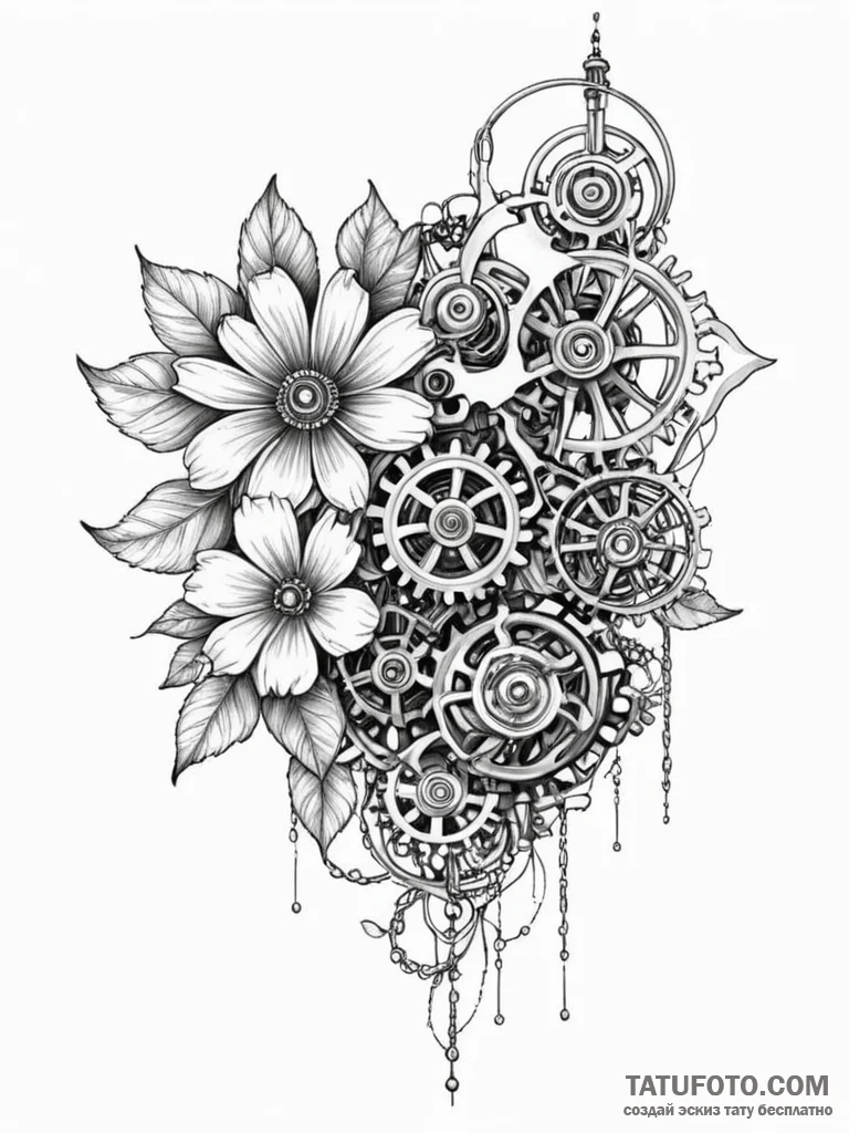 Tattoo sketch, hybrid flower of biomechanism,... - эскиз тату (№1752372801_0, 13.07.2025 02:13) — Tatufoto.com