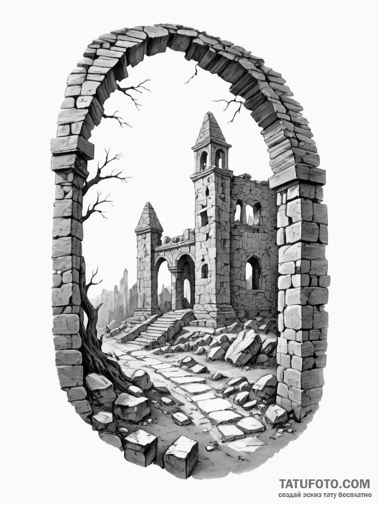Tattoo sketch, haunting echoes of history, a... - эскиз тату (№1752372974_0, 13.07.2025 02:16) — Tatufoto.com