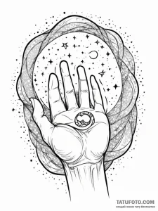 Tattoo sketch, hand of wisdom, cosmic touch,... - эскиз тату (№1752373059_0, 13.07.2025 02:17) — Tatufoto.com