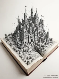 Tattoo sketch, hidden city in a book, an open... - эскиз тату (№1752373485_0, 13.07.2025 02:24) — Tatufoto.com