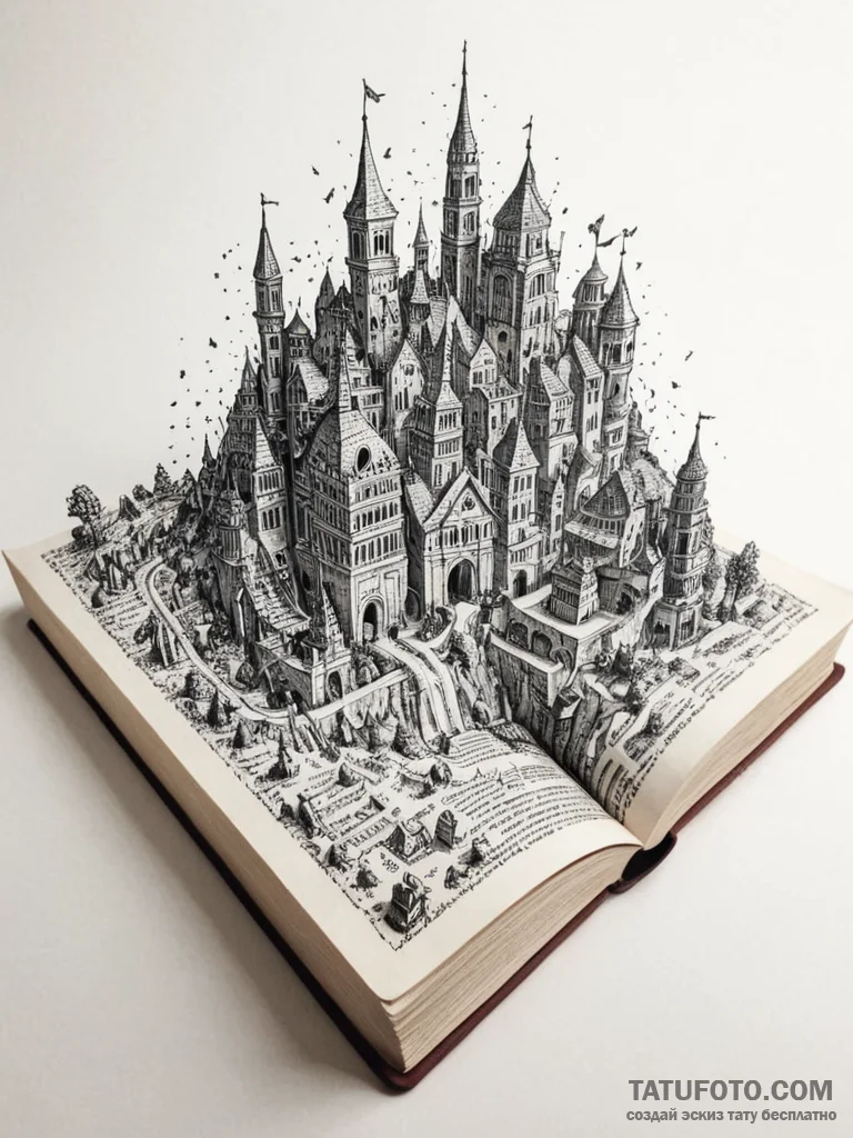 Tattoo sketch, hidden city in a book, an open… — эскиз тату (№1752373485_0, 13.07.2025 02:24) — Tatufoto.com
