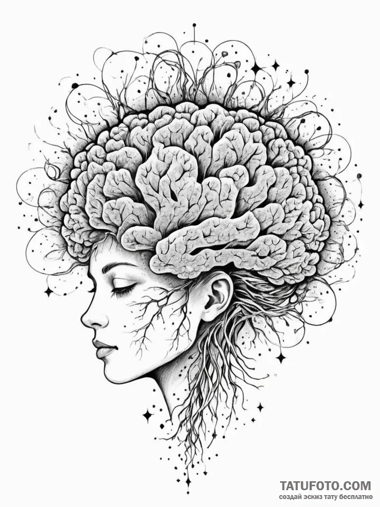 Tattoo sketch, human mind, cosmic connection,... - эскиз тату (№1752373569_0, 13.07.2025 02:26) — Tatufoto.com