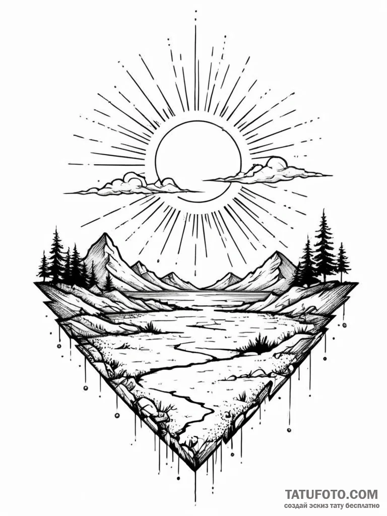 Tattoo sketch, hopeful horizon, digital sunri... - эскиз тату (№1752373655_0, 13.07.2025 02:27) — Tatufoto.com