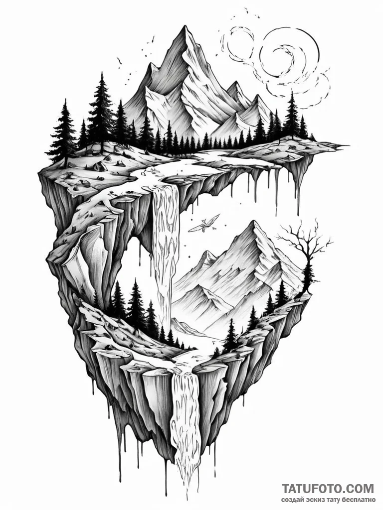 Tattoo sketch, inverse gravity landscape, a s... - эскиз тату (№1752374668_0, 13.07.2025 02:44) — Tatufoto.com