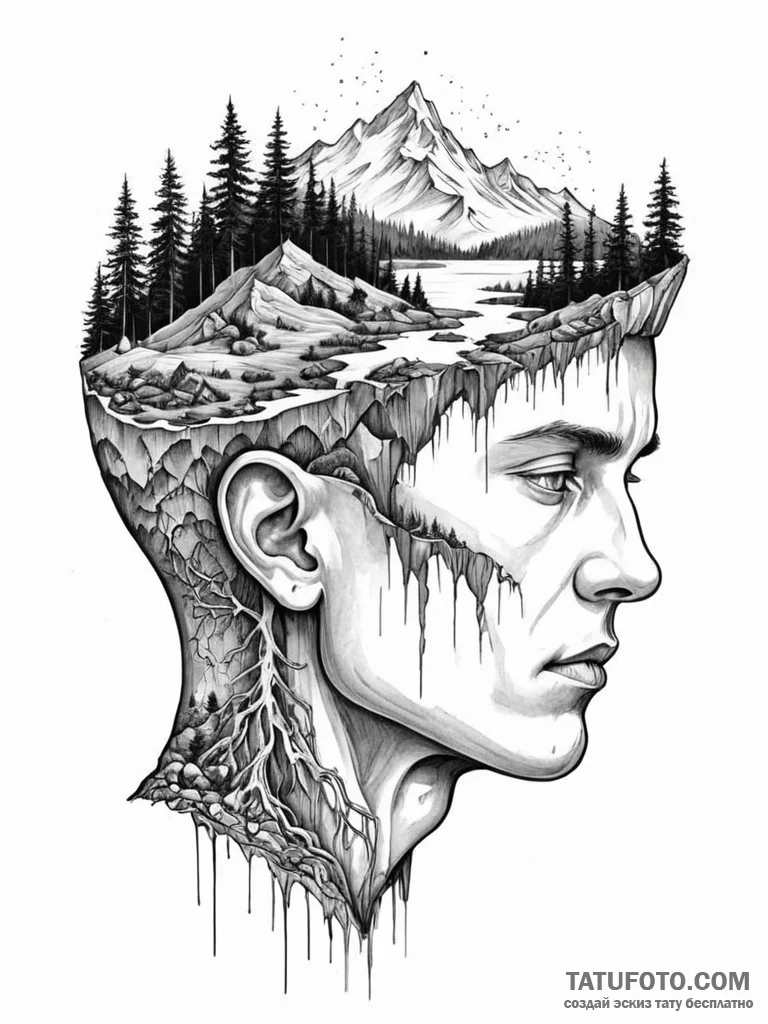 Tattoo sketch, inner world landscape, a cross... - эскиз тату (№1752376274_0, 13.07.2025 03:11) — Tatufoto.com