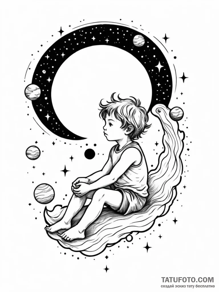 Tattoo sketch, inner child's cosmos, a styliz... - эскиз тату (№1752377459_0, 13.07.2025 03:30) — Tatufoto.com