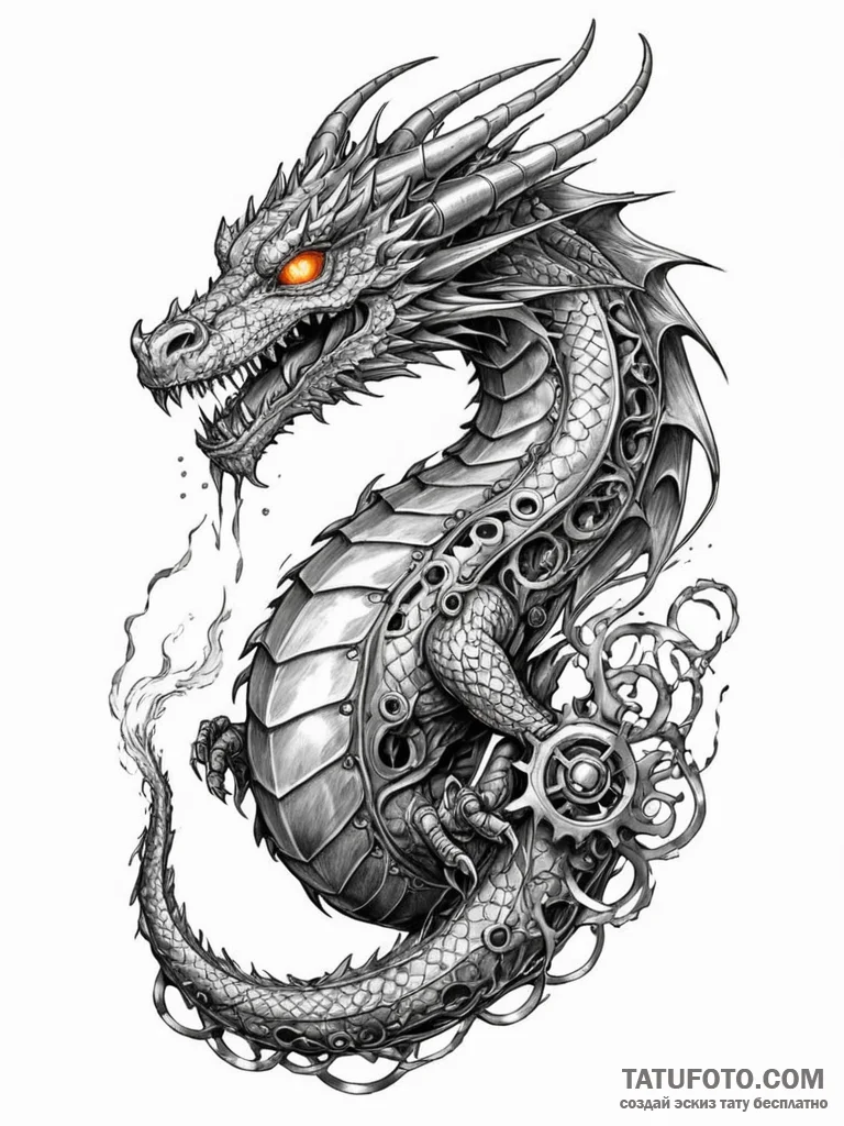Tattoo sketch, industrial dragon, steam & spa... - эскиз тату (№1752377796_0, 13.07.2025 03:36) — Tatufoto.com