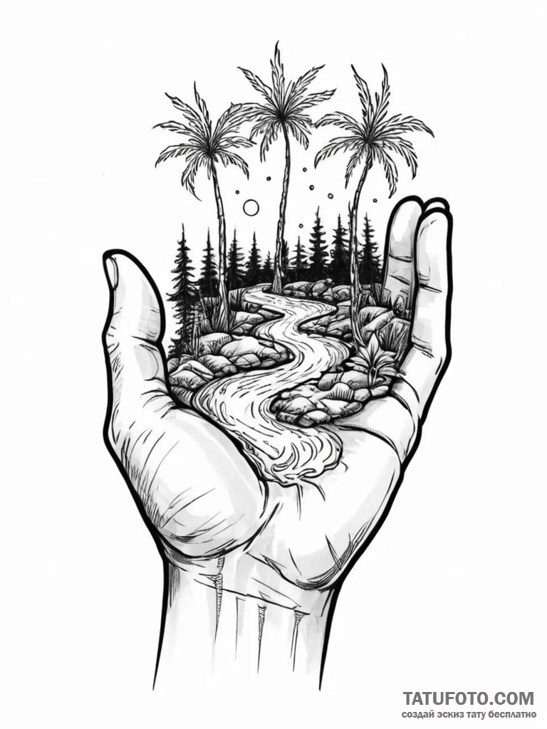 Tattoo sketch, integrated ecosystem hand, a h… — эскиз тату (№1752377880_0, 13.07.2025 03:38) — Tatufoto.com