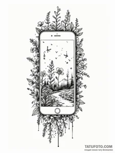 Tattoo sketch, cracked smartphone, blooming n... - эскиз тату (№1752378049_0, 13.07.2025 03:40) — Tatufoto.com
