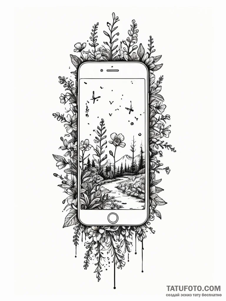 Tattoo sketch, cracked smartphone, blooming n… — эскиз тату (№1752378049_0, 13.07.2025 03:40) — Tatufoto.com