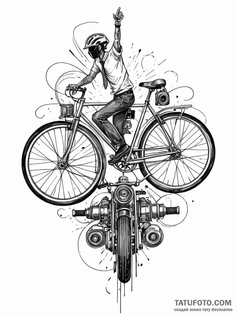 Tattoo sketch, bicycle made of old film reels... - эскиз тату (№1752378134_0, 13.07.2025 03:42) — Tatufoto.com