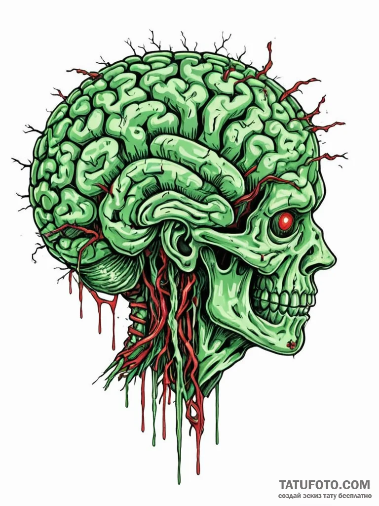 Tattoo sketch, zombie pixelated brain, a styl... - эскиз тату (№1752378218_0, 13.07.2025 03:43) — Tatufoto.com