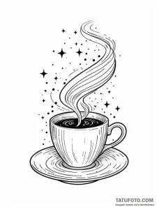 Tattoo sketch, cosmic coffee cup: a steaming... - эскиз тату (№1752378559_0, 13.07.2025 03:49) — Tatufoto.com