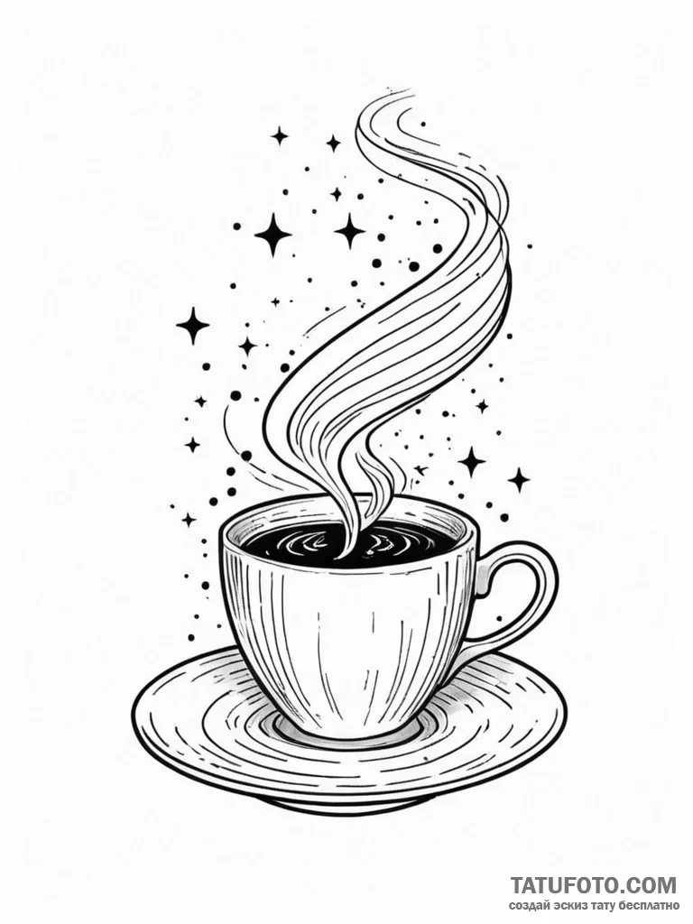 Tattoo sketch, cosmic coffee cup: a steaming... - эскиз тату (№1752378559_0, 13.07.2025 03:49) — Tatufoto.com