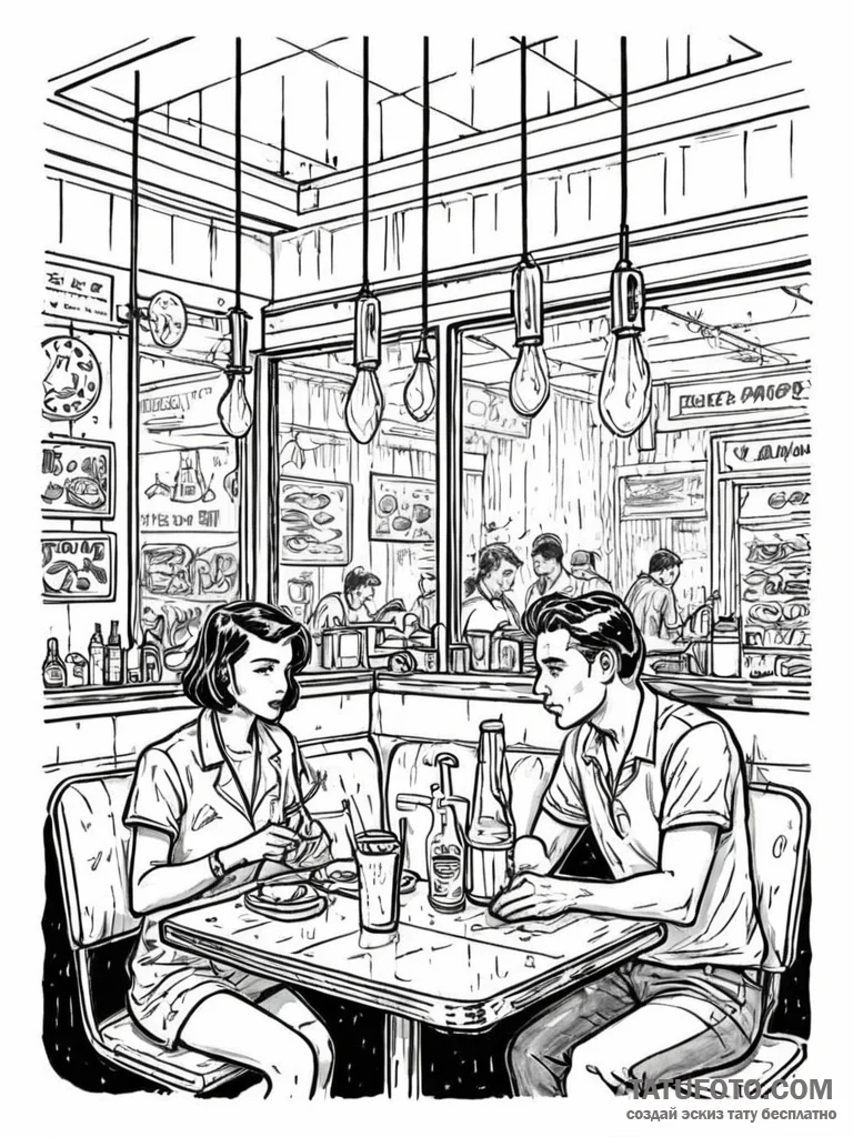 Tattoo sketch, dystopian diner, a classic ame... - эскиз тату (№1752378730_0, 13.07.2025 03:52) — Tatufoto.com