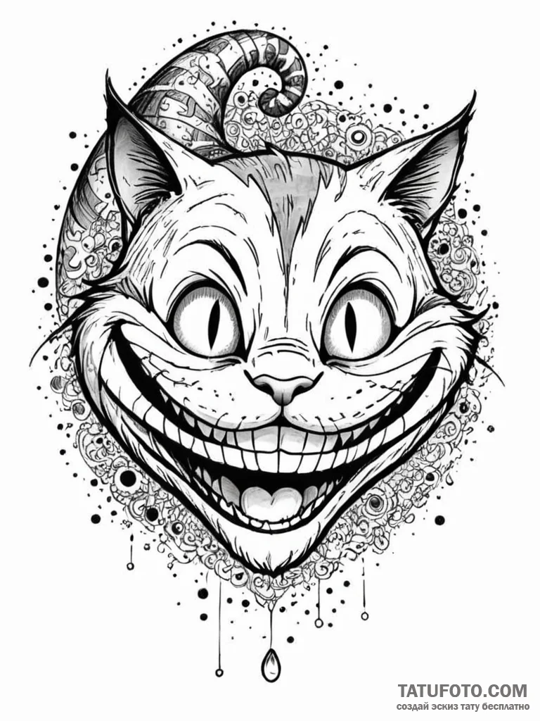 Tattoo sketch, grinning cheshire cat, digital... - эскиз тату (№1752378987_0, 13.07.2025 03:56) — Tatufoto.com